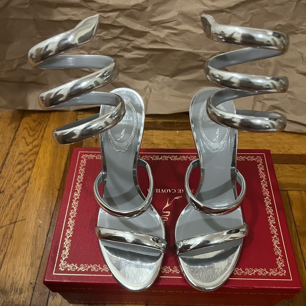Rene Caovilla Silver Cleo 105 Size 38. Only tried on, never worn